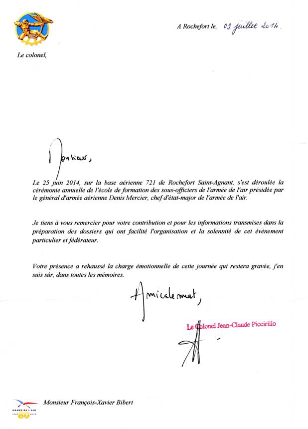 Promotion Andr CHAINAT - Rochefort 2014 - Courrier du colonel PICCIRILLO
