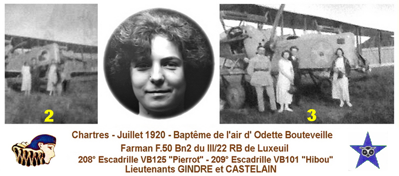 Baptme de l'air d'Odette BOUTEVEILLE en juillet 1920  Chartres. Farman F.50 de Luxeuil . Lieutenants CASTELAIN et GINDRE