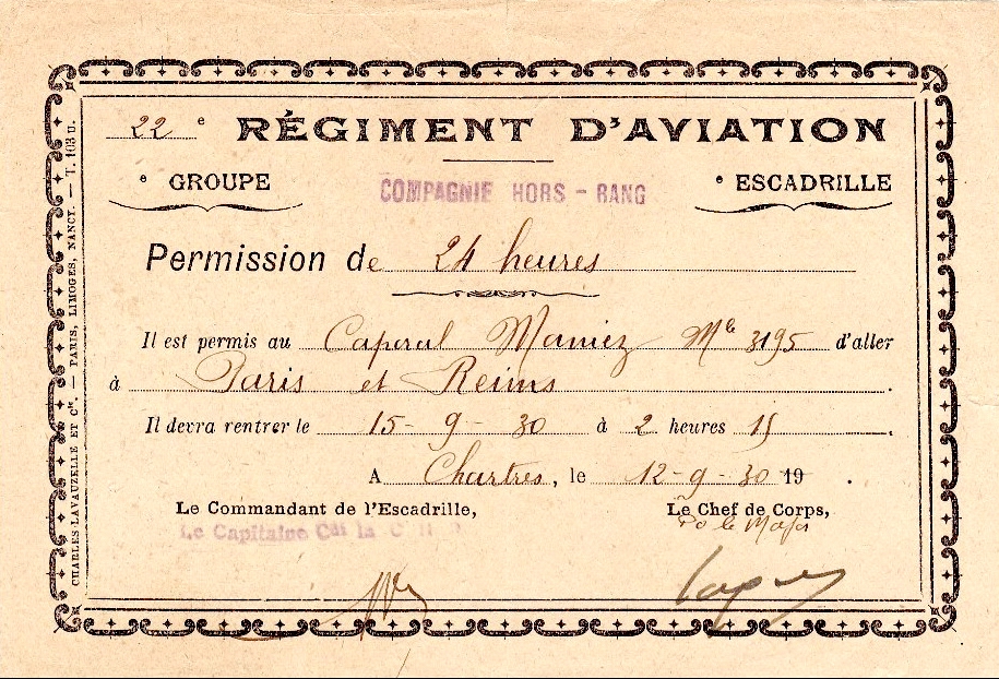 Permission de 24 heures d'un caporal du 22me RA de Chartres
