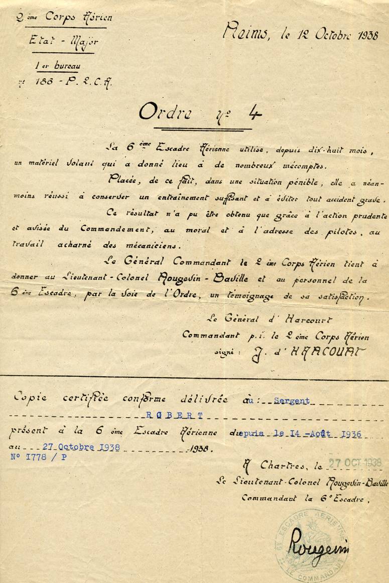 Gnral d'HARCOURT - Satisfaction pour le lt-colonel ROUGEVIN-BAVILLE  - Diplme Lucien ROBERT
