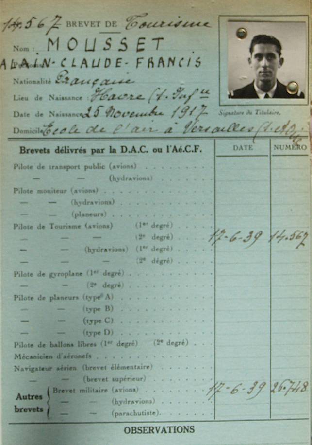 Brevet de pilote - Alain MOUSSET