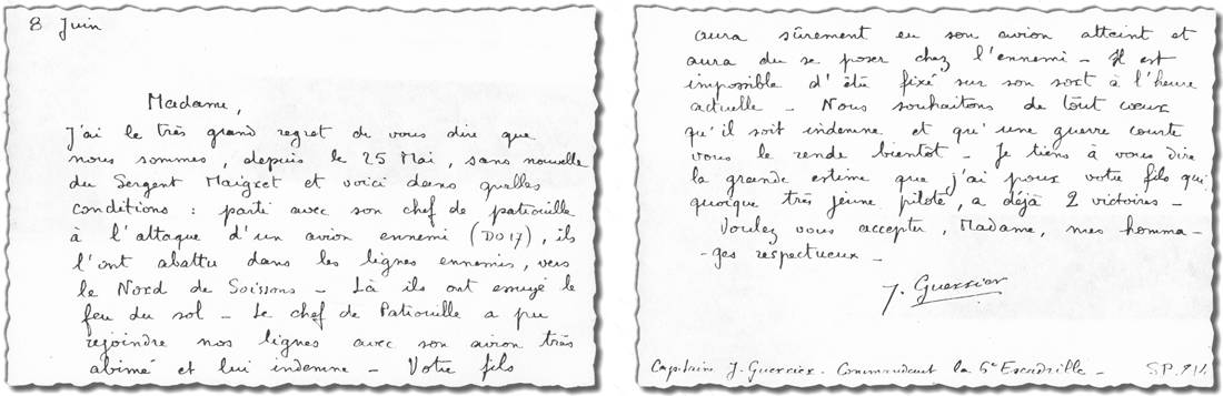 Lettre du capitaine GUERRIER  Madame MAIGRET