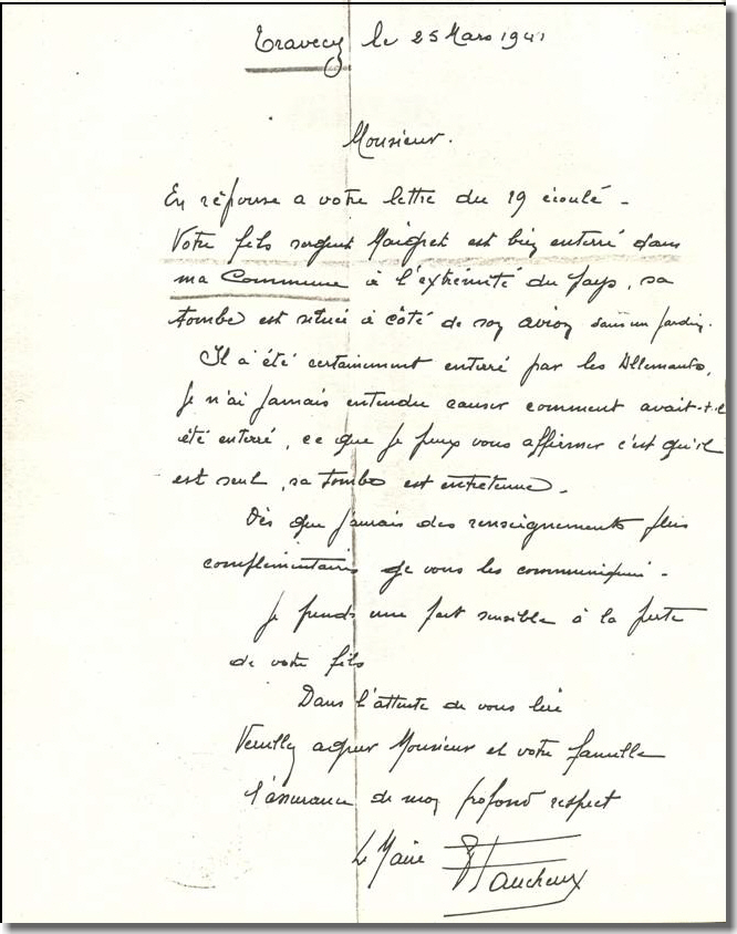 Lettre du Maire de Travecy  la famille MAIGRET