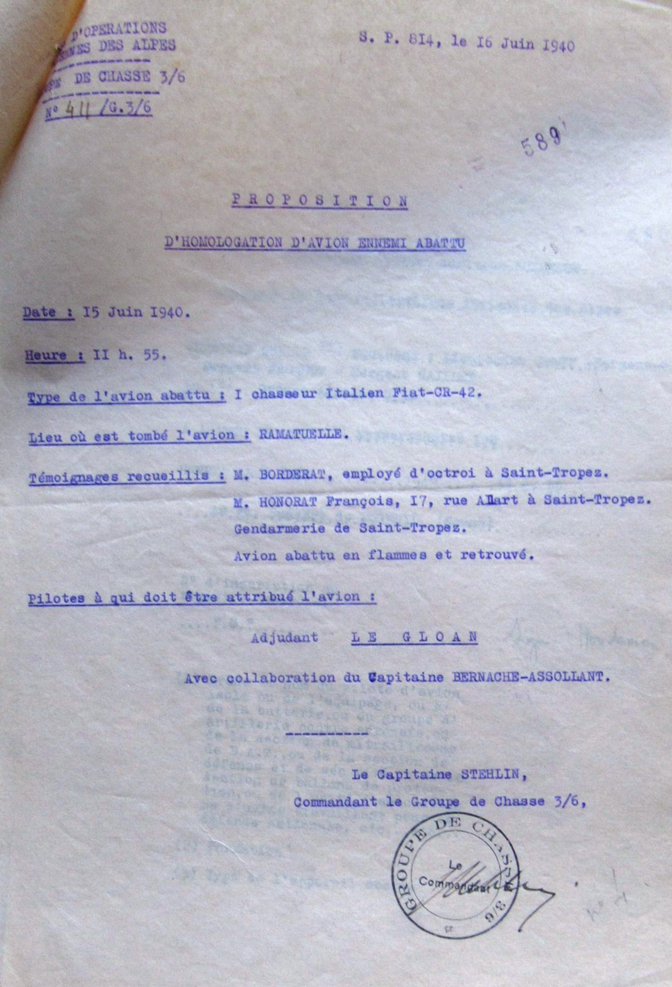 Note STEHLIN - Victoire LE GLOAN - ASSOLLANT - 15 juin 1940