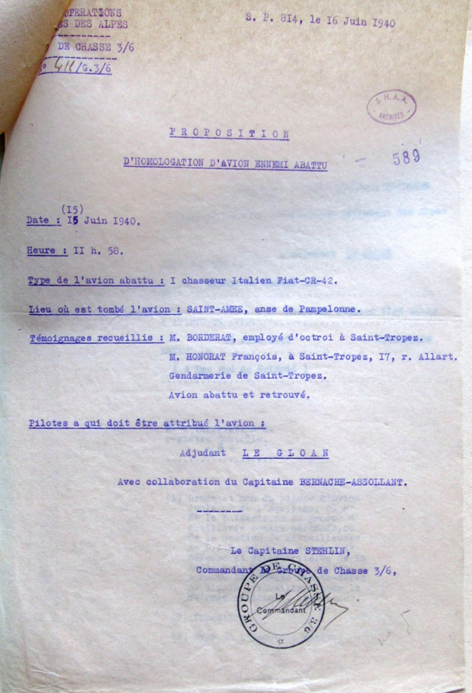 Note STEHLIN - Victoire LE GLOAN - ASSOLLANT - 15 juin 1940