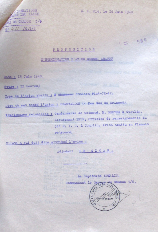Note STEHLIN - Victoire LE GLOAN - ASSOLLANT - 15 juin 1940