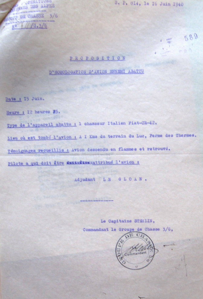 Note STEHLIN - Victoire LE GLOAN - ASSOLLANT - 15 juin 1940