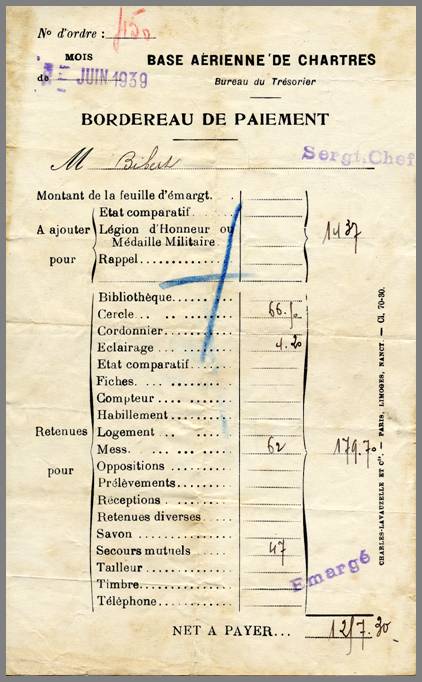 Bulletin de paye du sergent-chef BIBERT en 1939