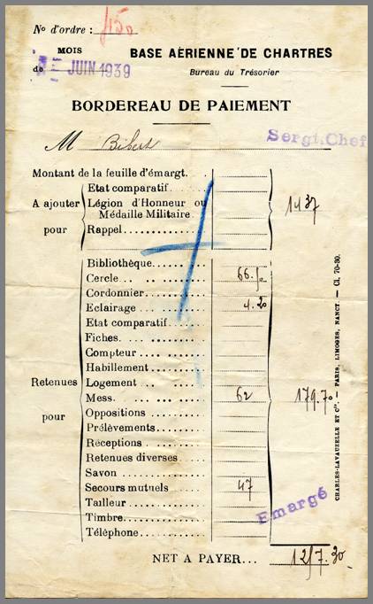 Bulletin de paye du sergent-chef BIBERT en 1939