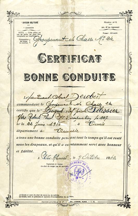 Certificat de bonne conduite - Robert Plissier