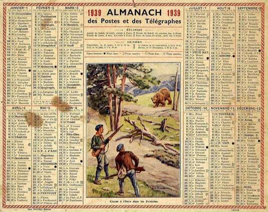 Calendrier des postes 1939