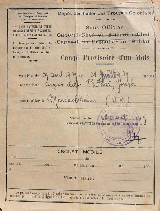 Permission de 4 mois de Joseph BIBERT