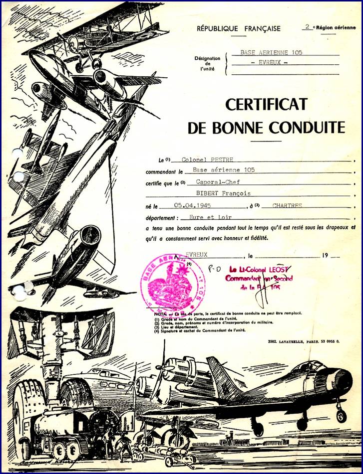 Certificat de bonne conduite - BA 105 Evreux