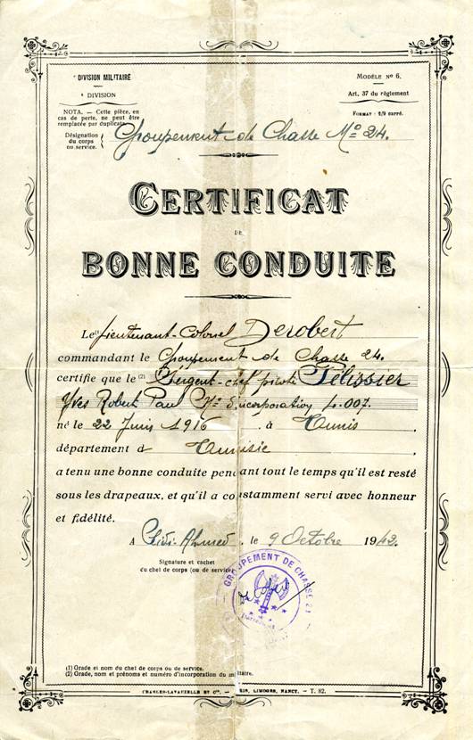 Certificat de bonne conduite - Robert Pélissier