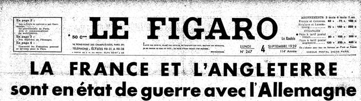 Une du Figaro de 4 septembre 1939